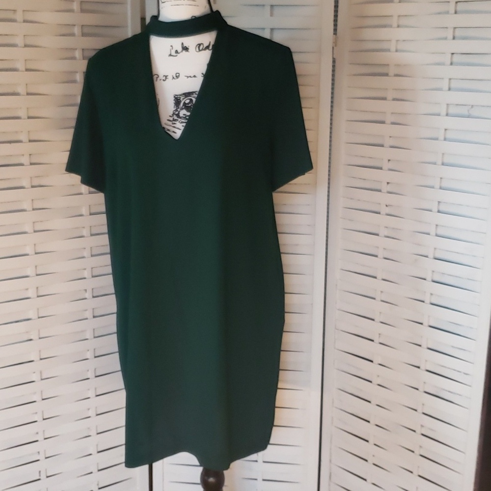 Zara new green short sleeves choker neck tunic dress size L